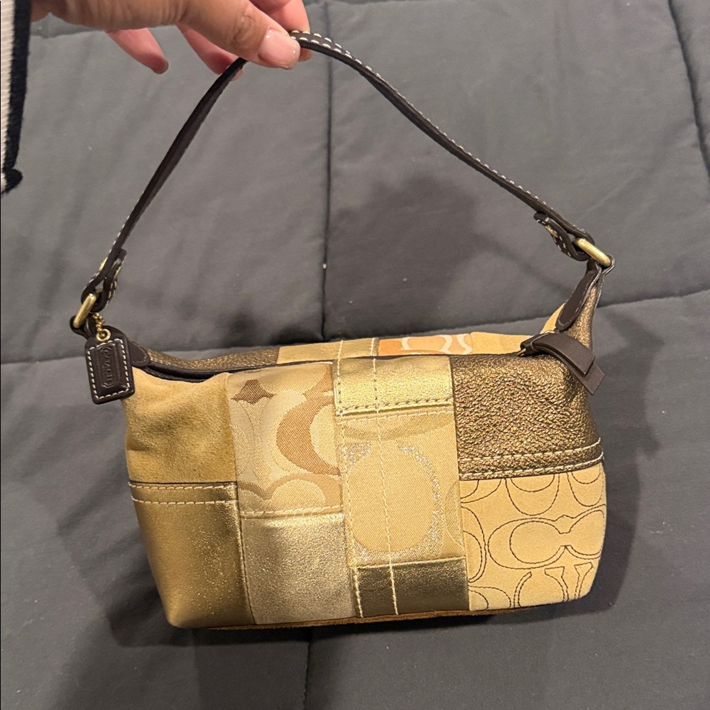 Coach Metallic Gold and Brown Patchwork Shoulder Bag